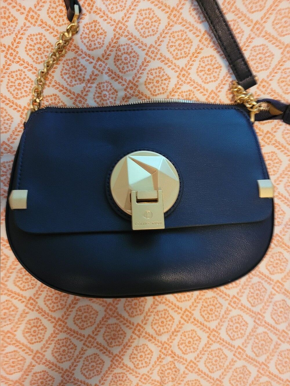 Celine Dion Navy Saddle Crossbody with Gold Geometric Lock